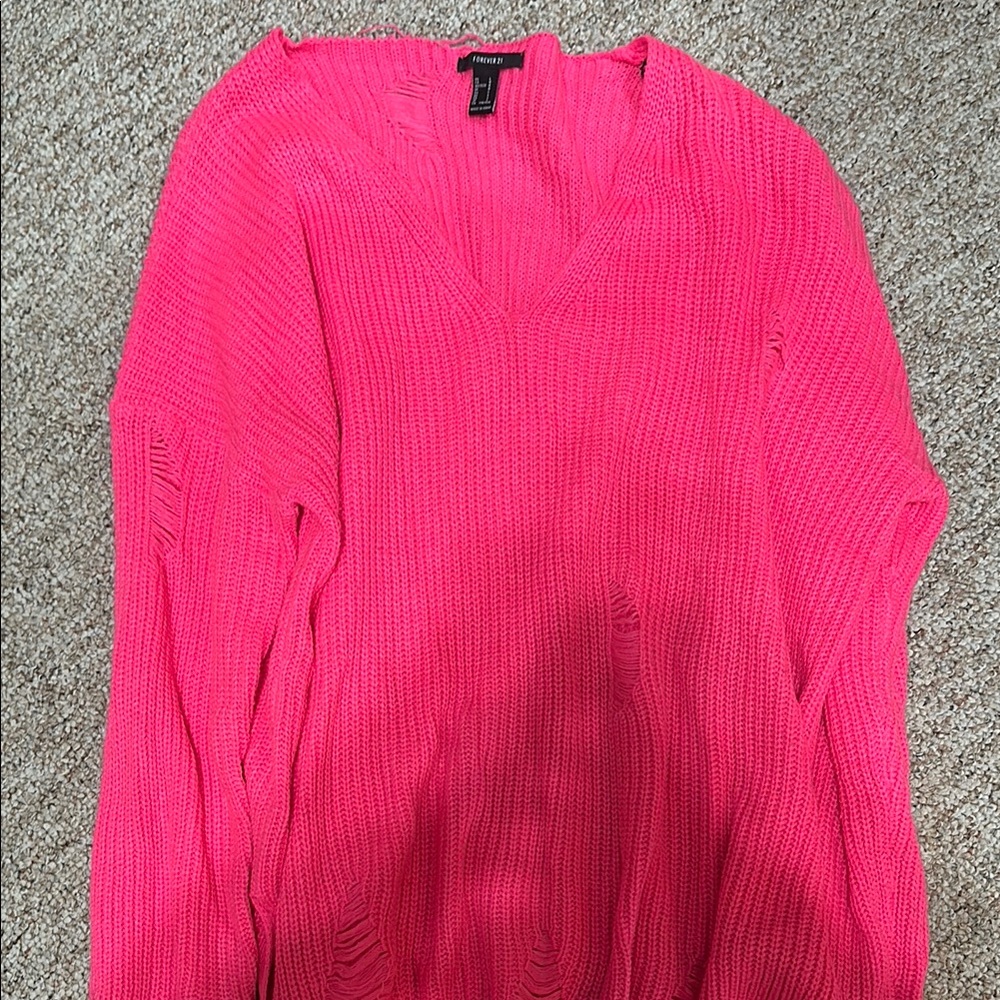 Forever 21 Pink V-Neck Sweater Ribbed Knit